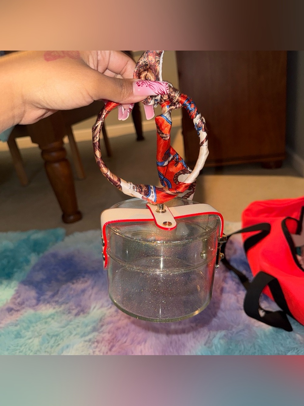 Clear Glitter Cylinder Wristlet Bag with Red Trim